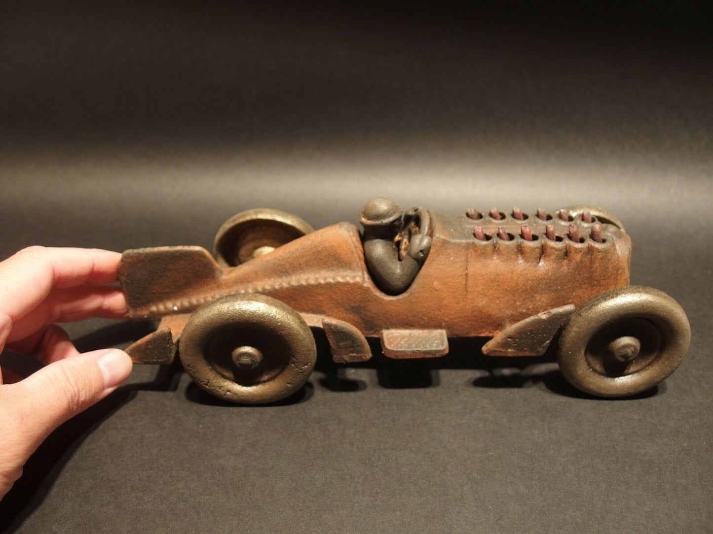 Antique Vintage Style Cast Iron Toy Race Car w Moving Pistons "Hubley" - Early Home Decor