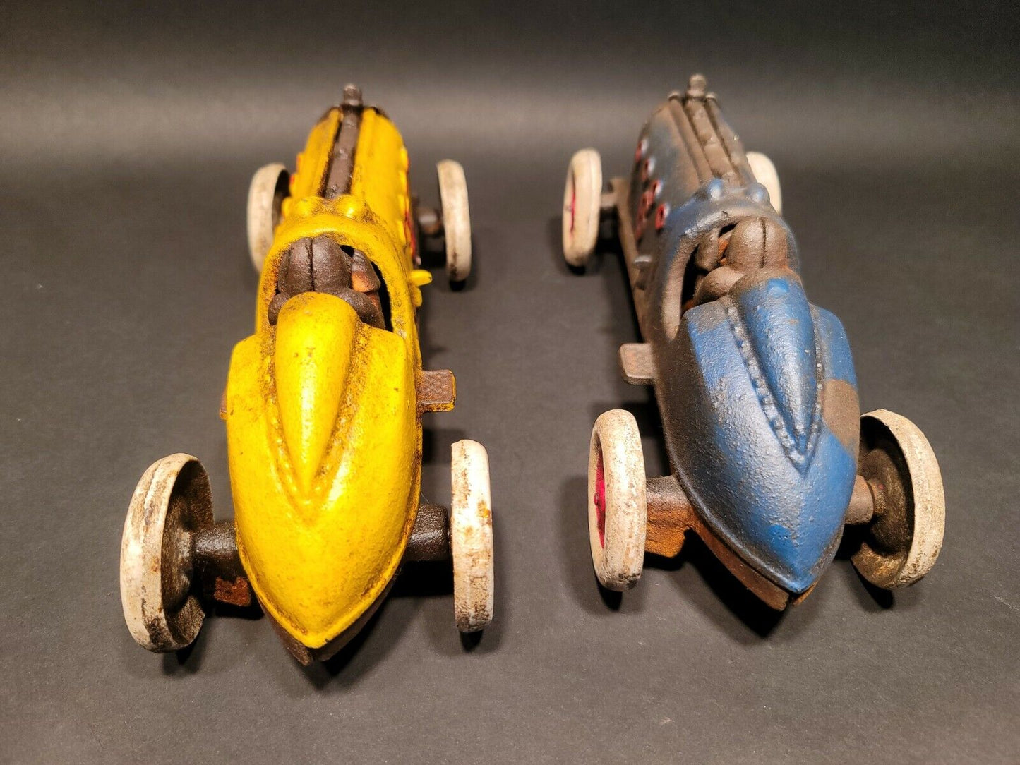 2 Antique Vintage Style Cast Iron Toy Race Cars w Lifting Hood