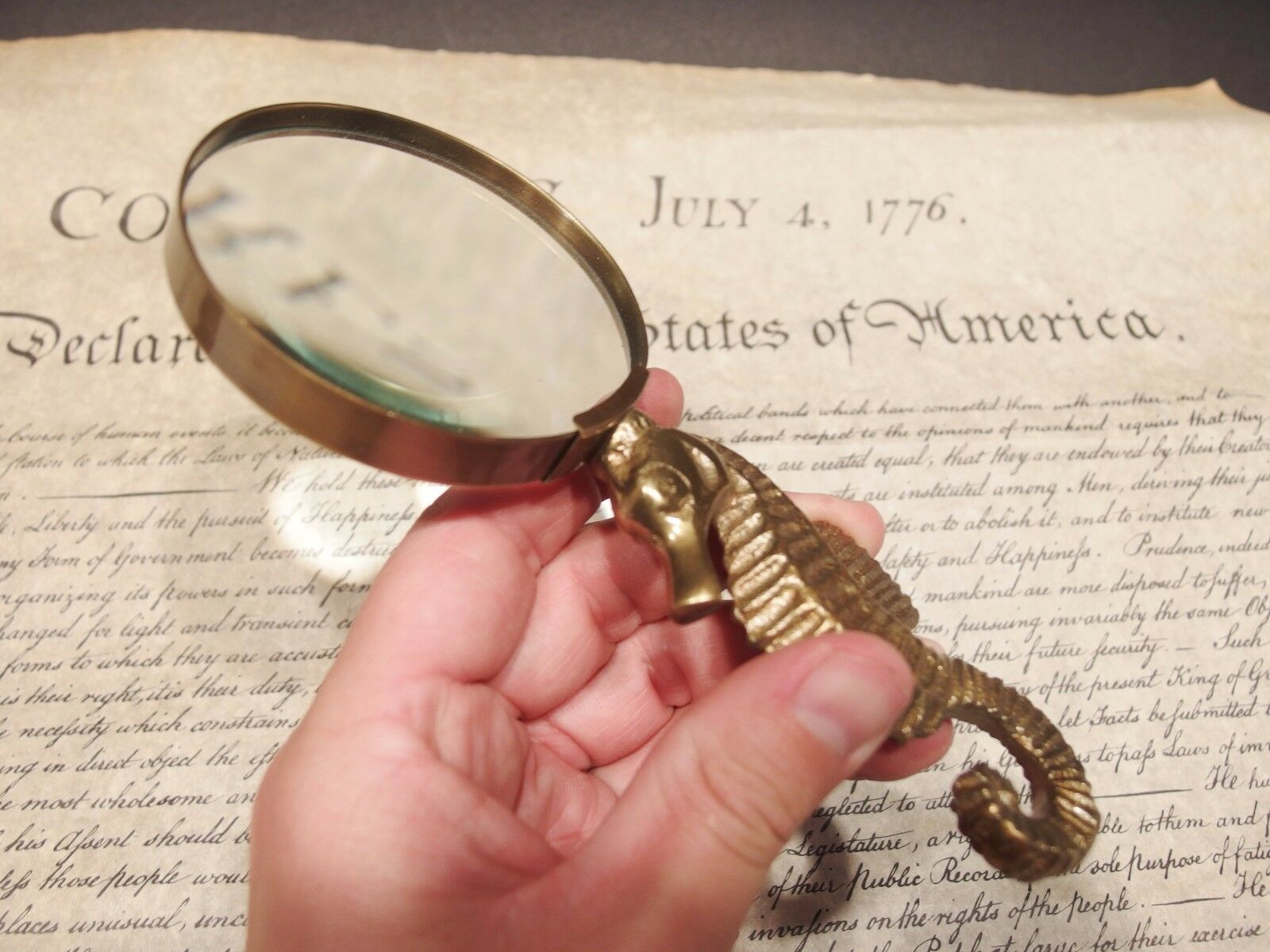 Vintage Antique Style Brass Seahorse Magnifying Glass Desk Hand Lens - Early Home Decor