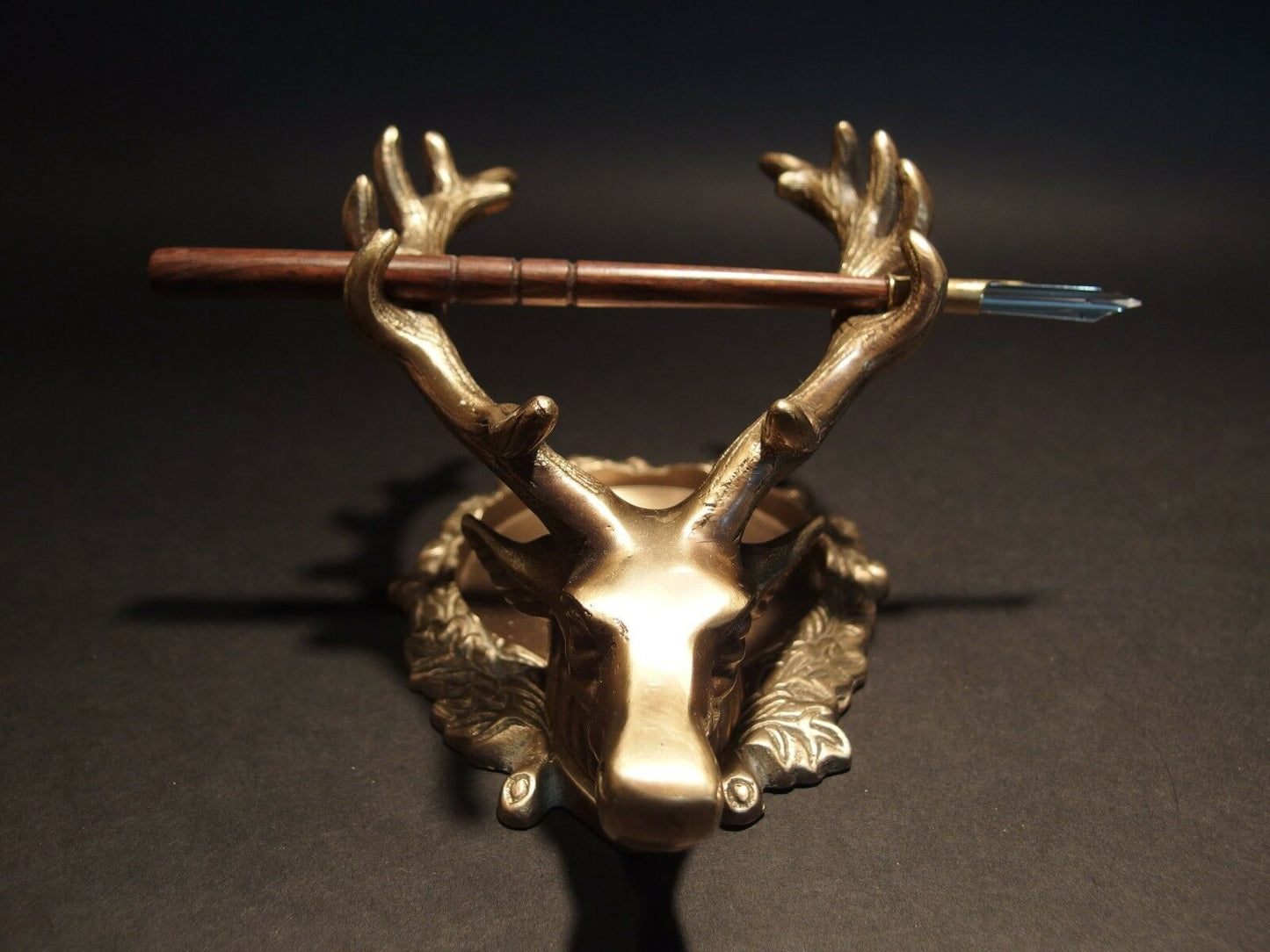 Antique Style Brass Elk Deer Stag Pen Inkwell Holder Desk Stand - Early Home Decor