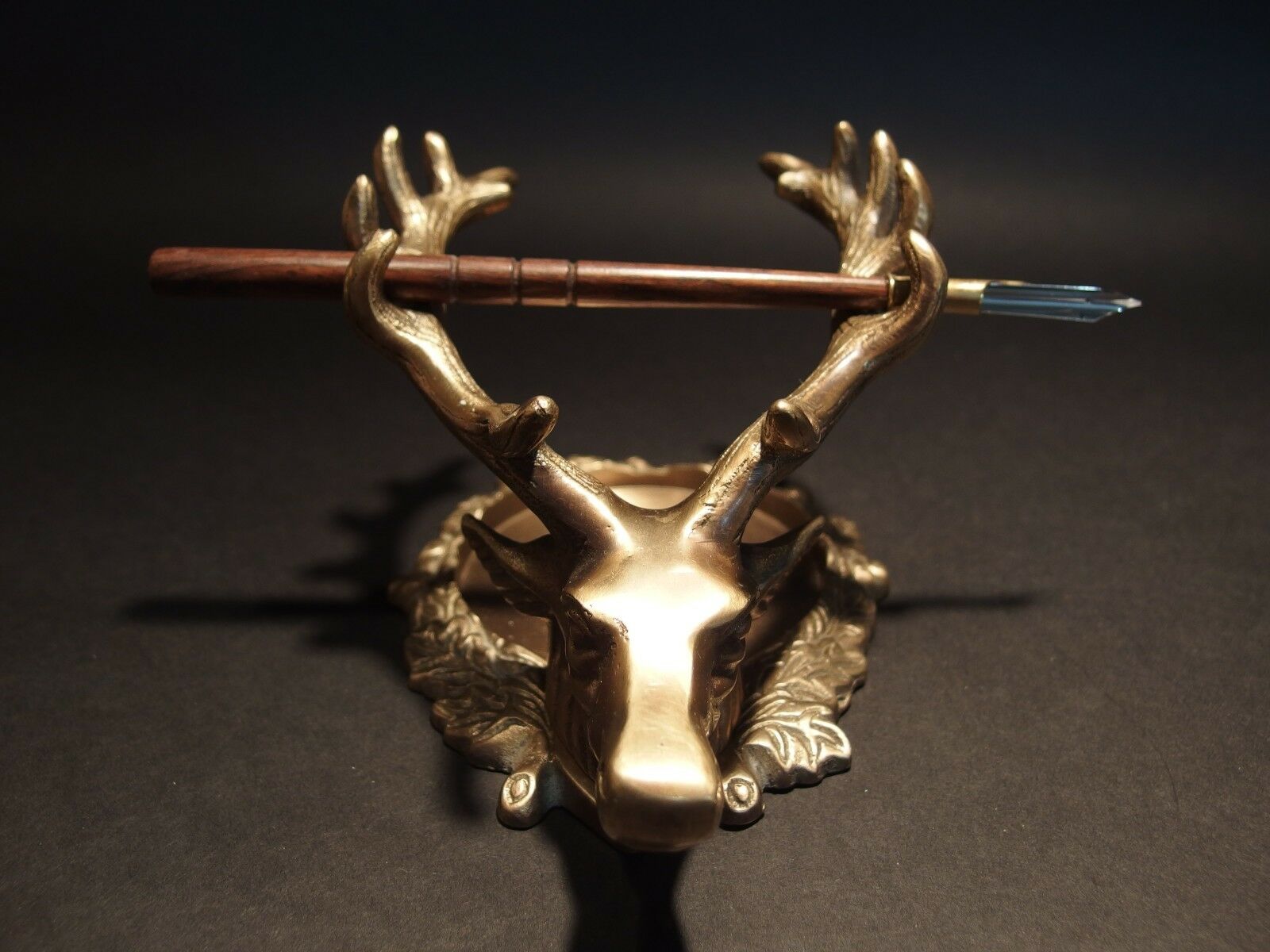 Antique Style Brass Elk Deer Stag Pen Inkwell Holder Desk Stand - Early Home Decor