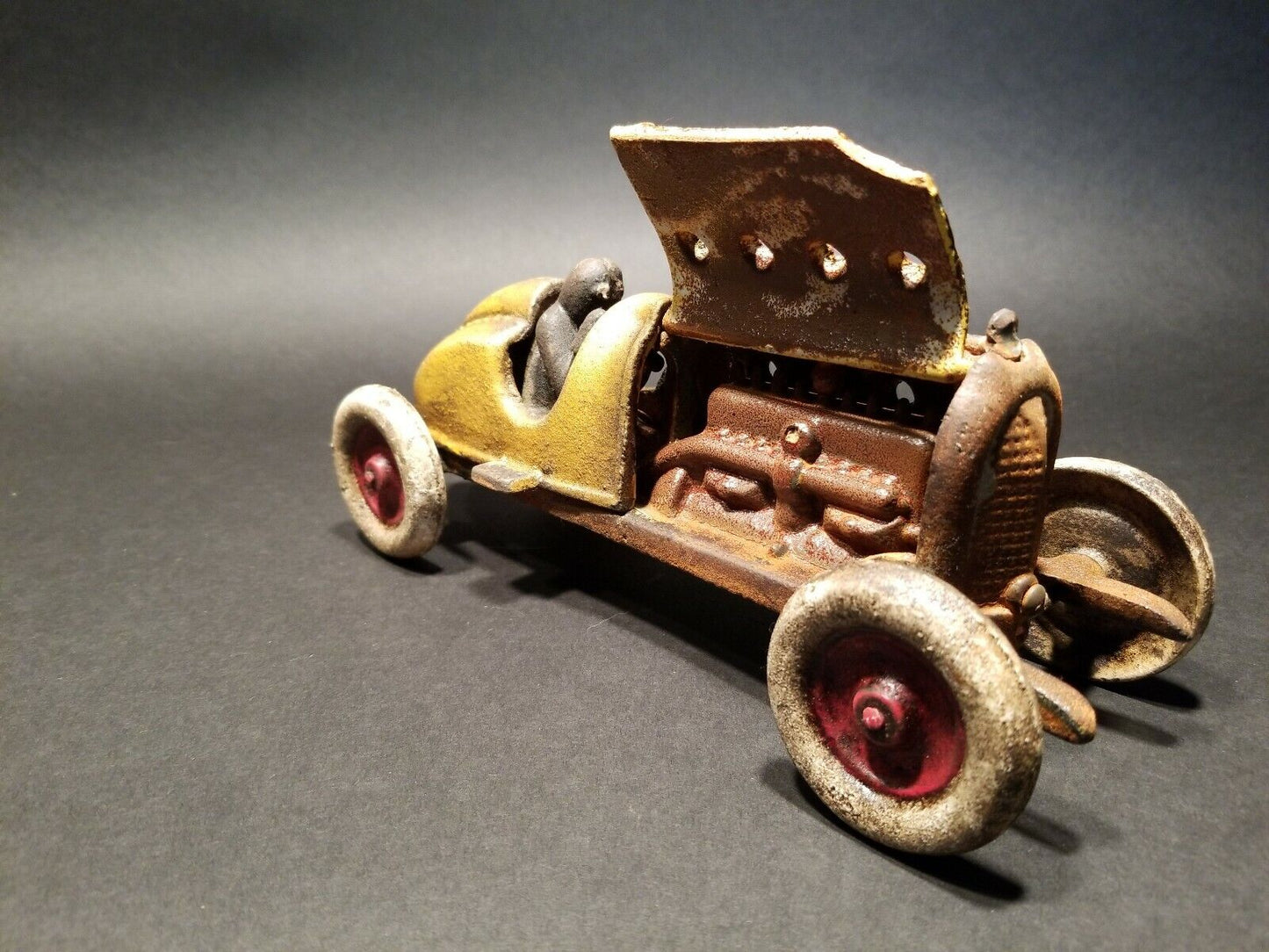 Antique Vintage Style Yellow Cast Iron #5 Toy Race Car w Lifting Hood