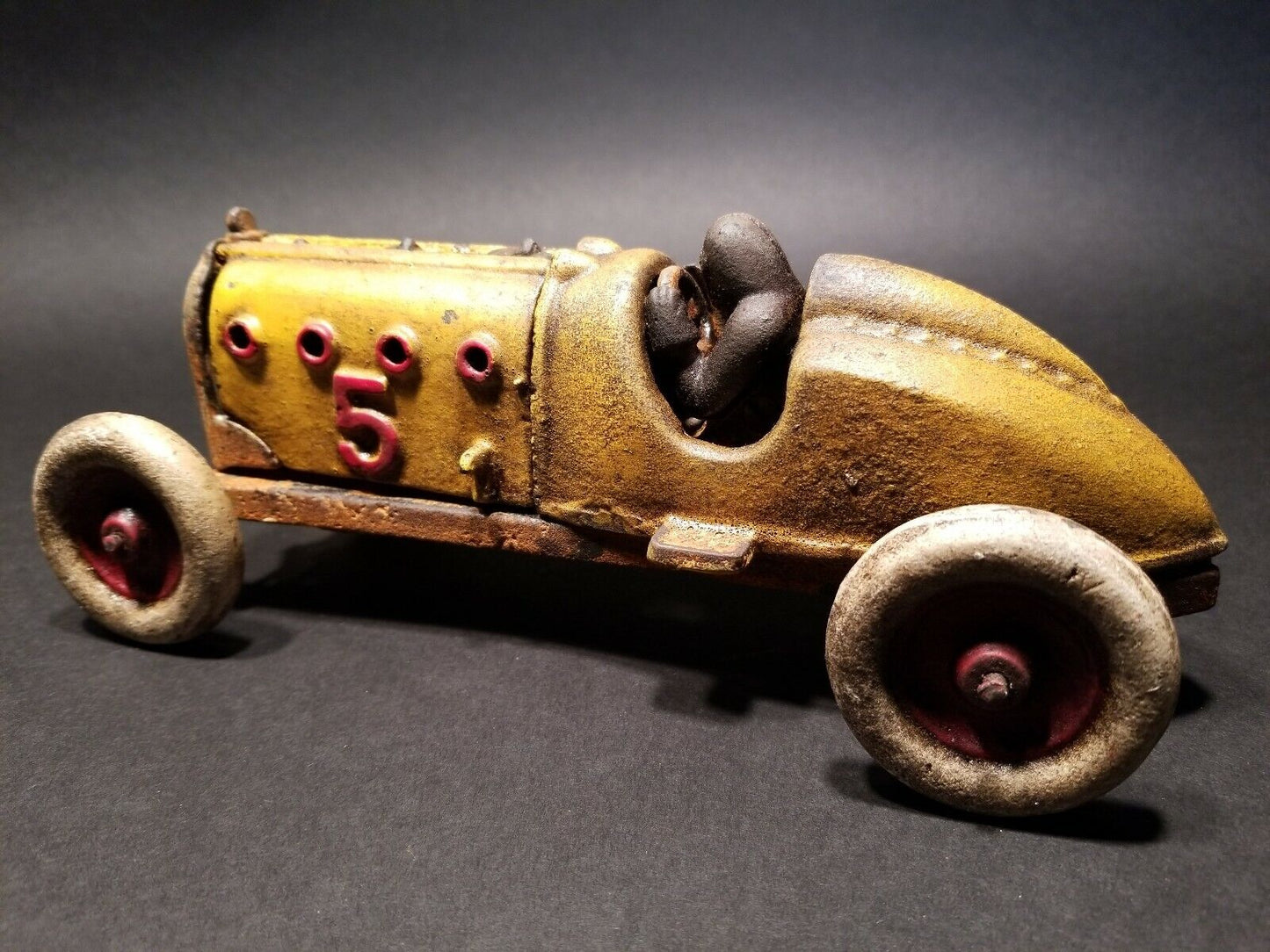 Antique Vintage Style Yellow Cast Iron #5 Toy Race Car w Lifting Hood