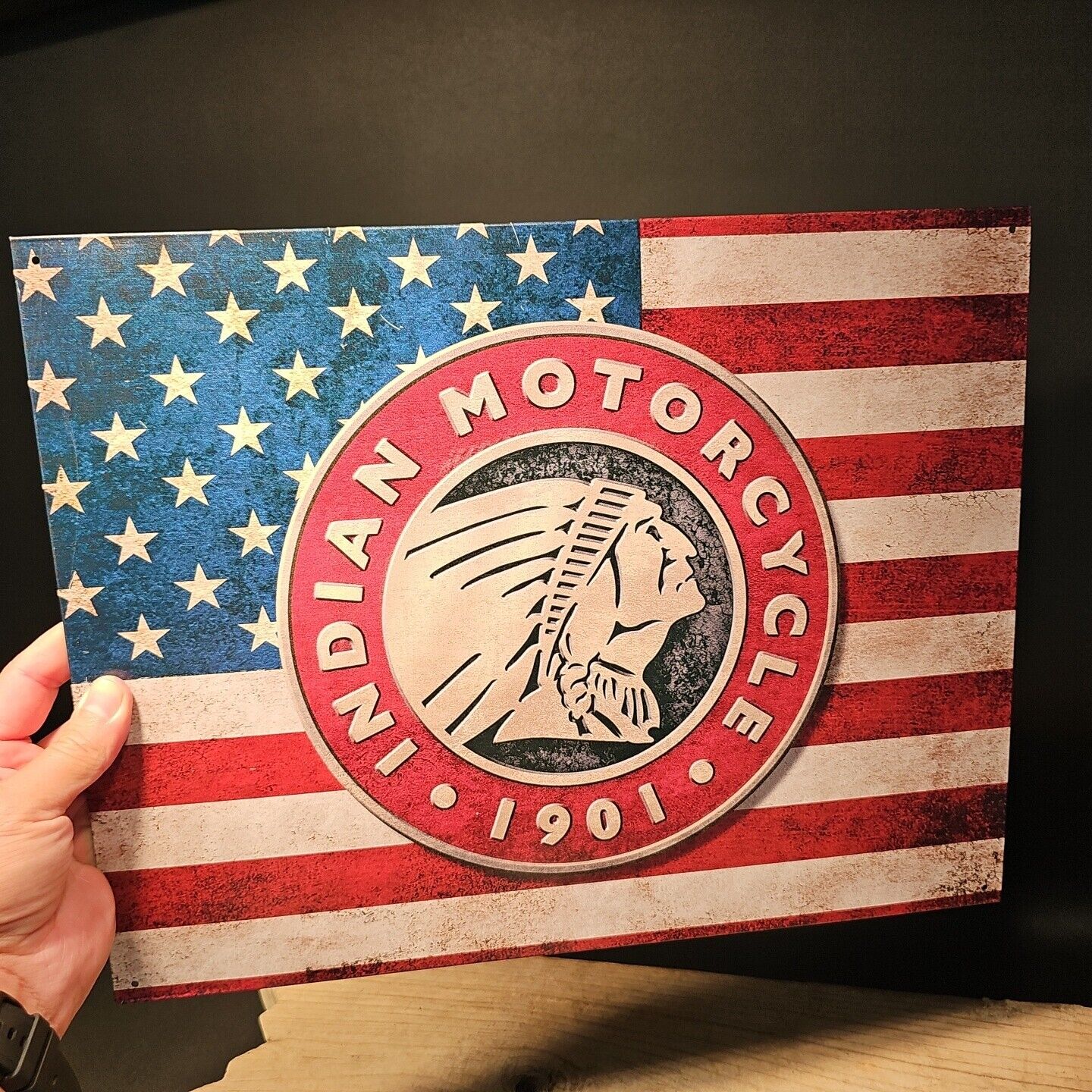 Metal Vintage Style Indian Motorcycle Sign American Flag