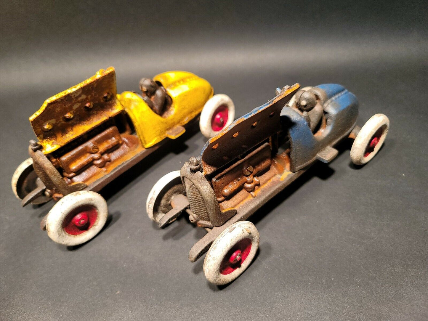 2 Antique Vintage Style Cast Iron Toy Race Cars w Lifting Hood