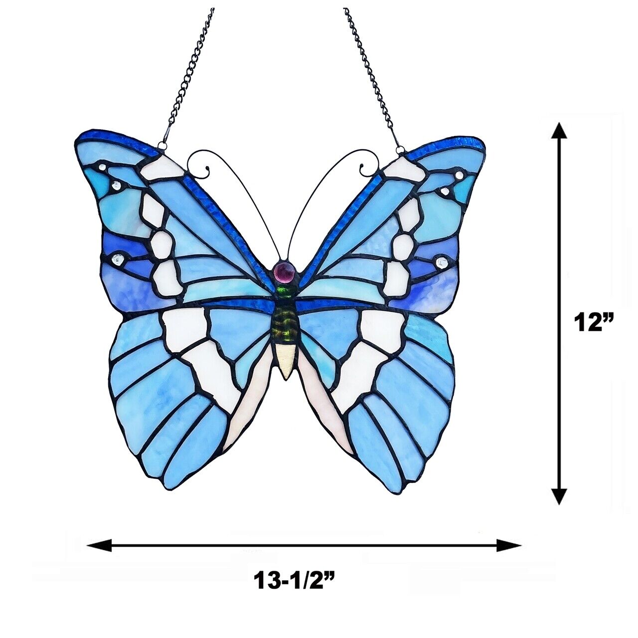 13 1/2" Blue Butterfly Stained Glass Window Hanging Panel Suncatcher