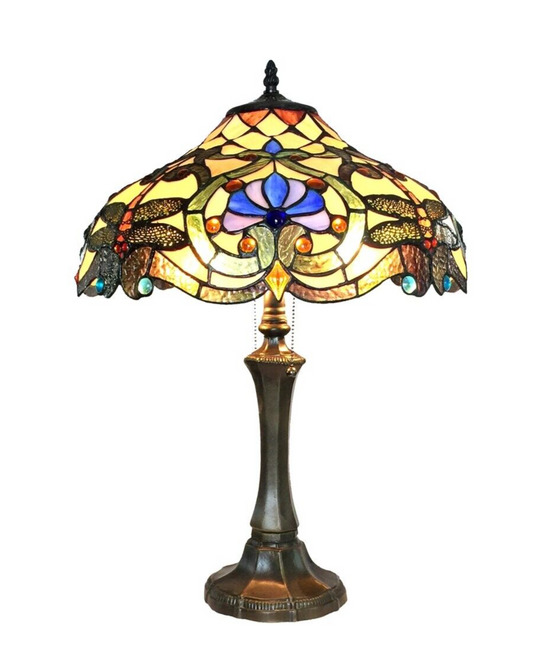 23" Antique Vintage Style Stained Glass Amber Dragonfly Table Lamp
