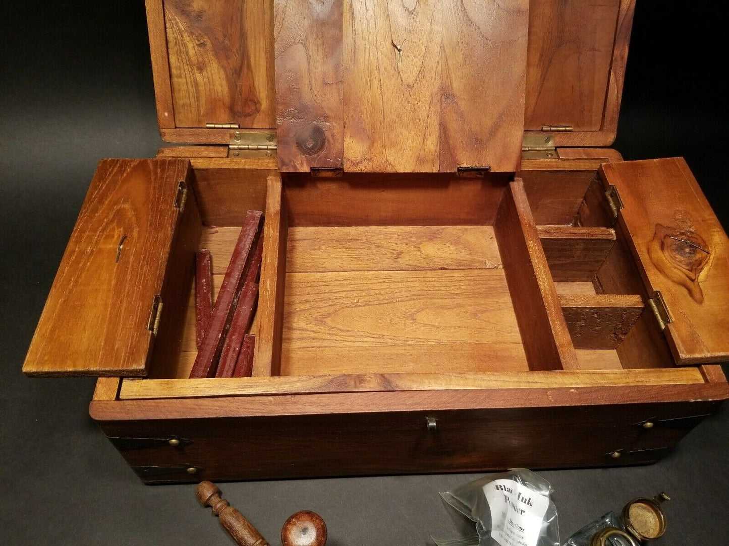 Antique Vintage Style Wood Writing Box Set w Inkwell, Ink, Wax Stamp, & Dip Pen - Early Home Decor