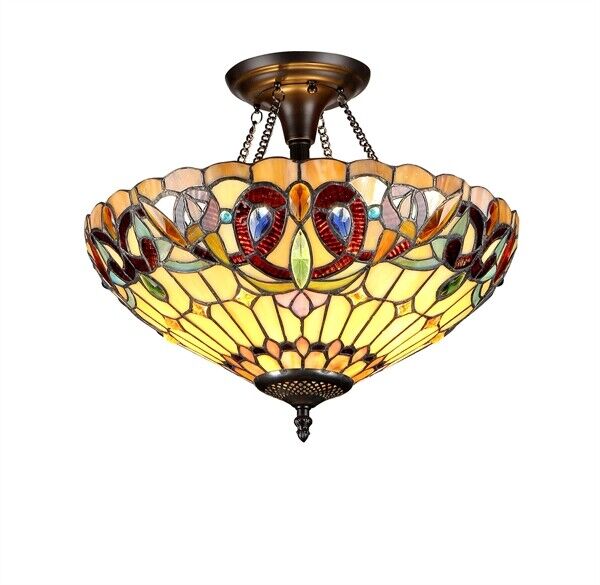16" Antique Style Stained Glass Semi Flush Ceiling Uplight