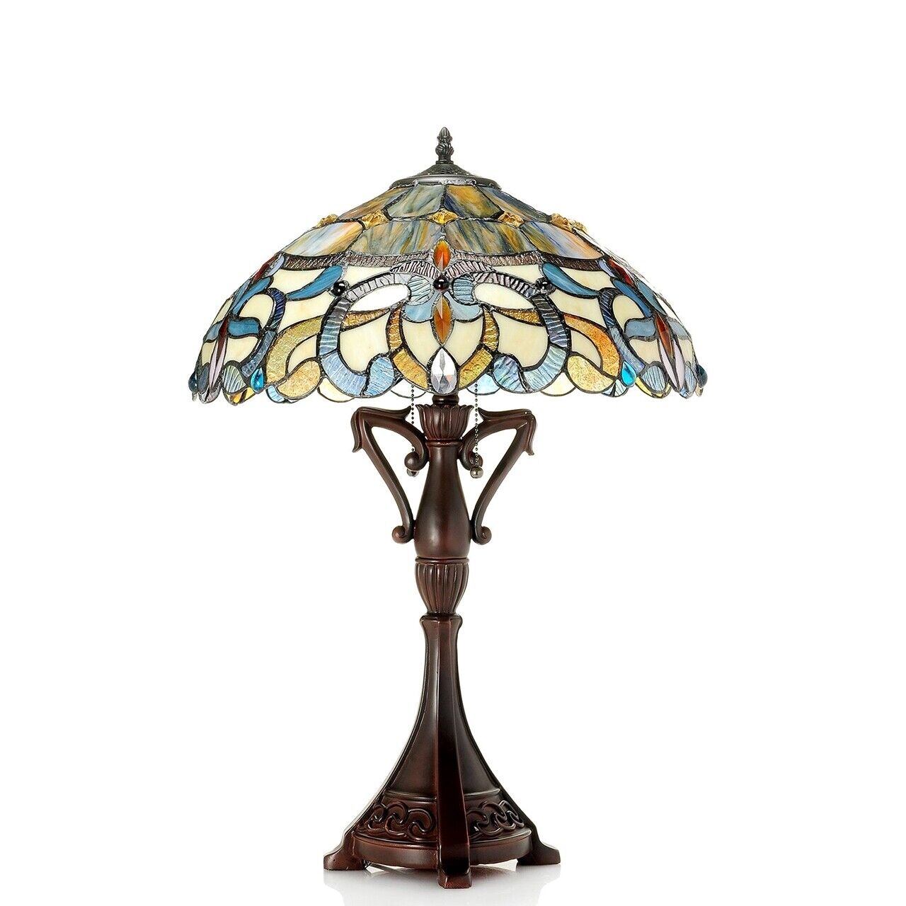 Tiffany Style Table Lamp Handcrafted Bronze Stained Glass Double Light