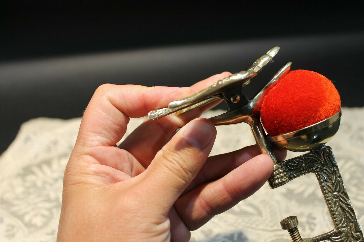 Antique Style Ornate Brass Sewing Clamp Pin Cushion w Bird Clip - Early Home Decor