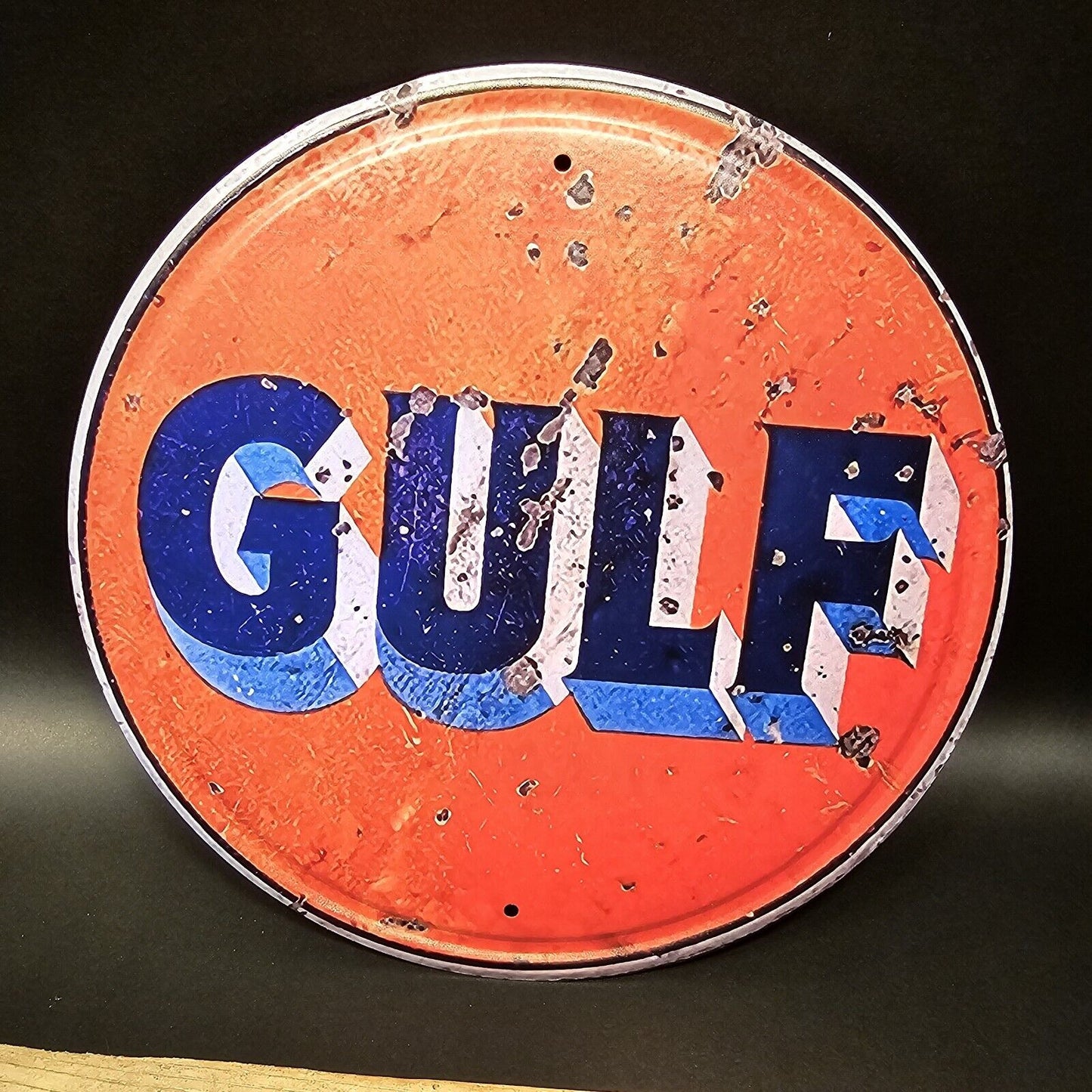 12" Vintage Style Metal Round Gulf Gas Oil Sign