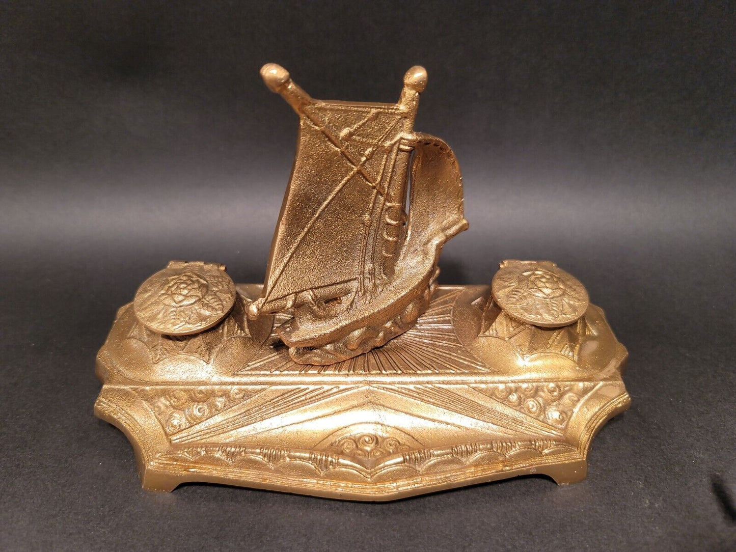 Vintage Antique Style Brass Sailboat Double inkwell Desk Set