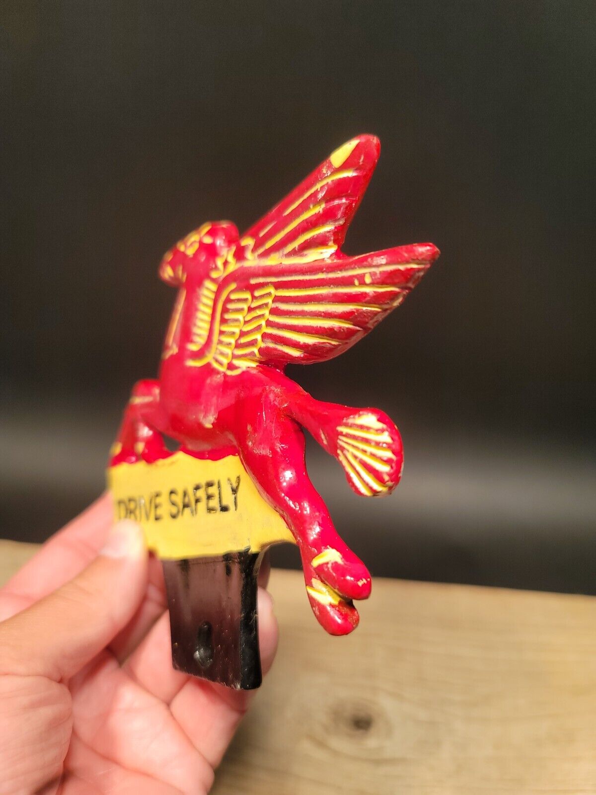 Antique Vintage Style Aluminum Pegasus Drive Safely License Plate Fob Topper