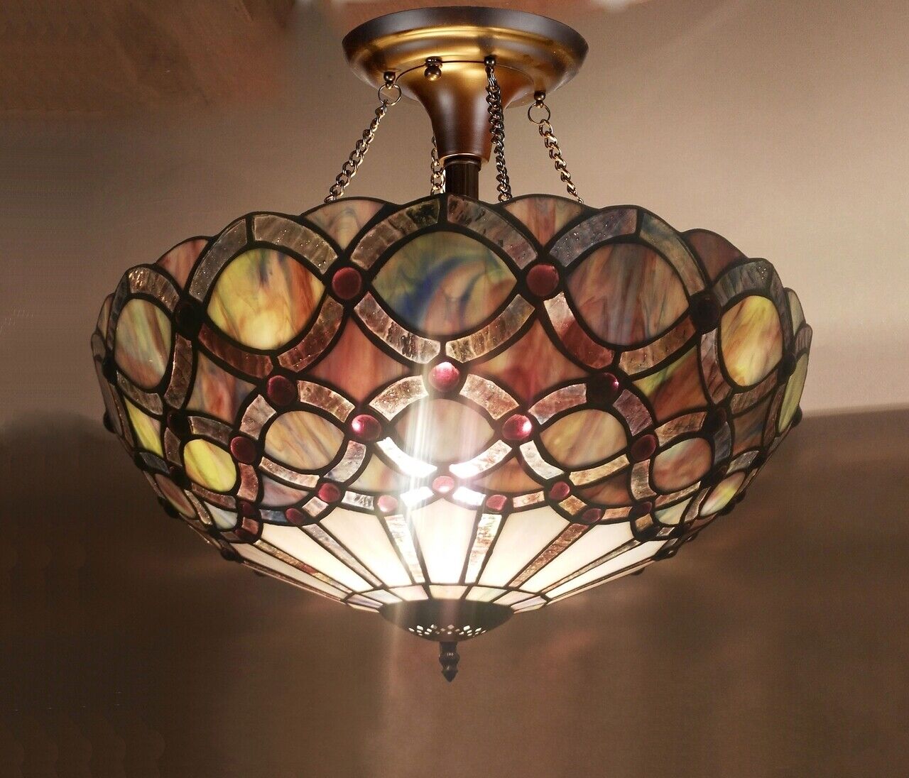16" Antique Style Stained Glass Semi Flush Ceiling Uplight