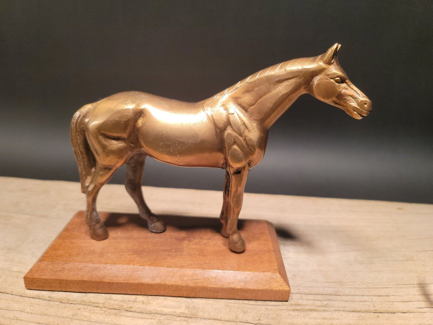 Antique Vintage Style Brass Horse Statue Wood Base