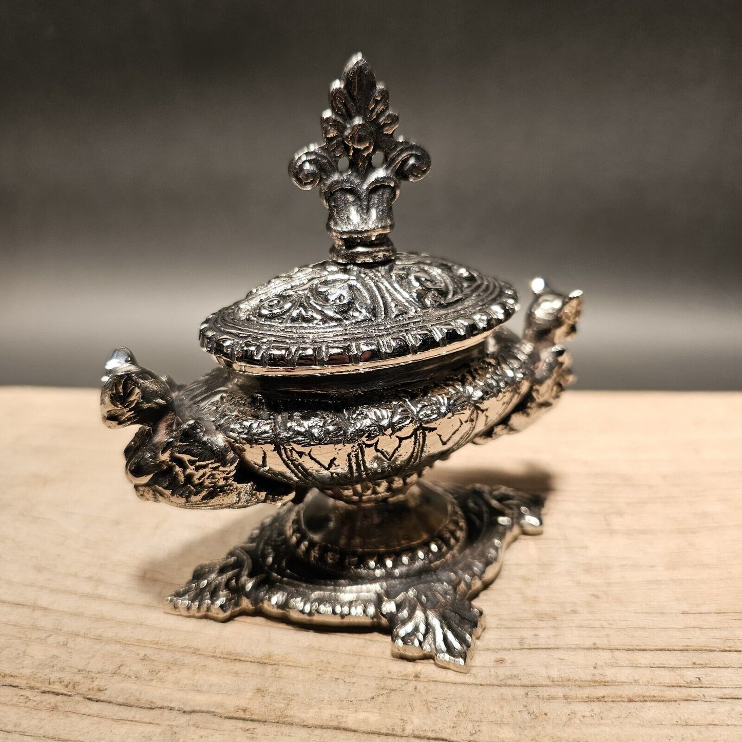 Antique Style Ornate Nickel Plated Brass Inkwell Desk Stand