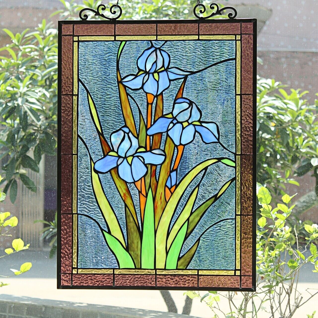 Antique Vintage Style 25" Iris Stained Glass Window Hanging Panel Suncatcher