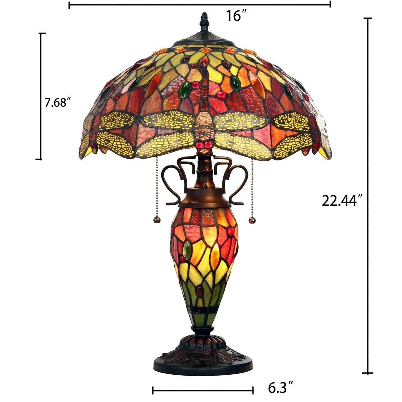 22.44" Antique Vintage Style Stained Glass Dragonfly Lighted Base Table Lamp