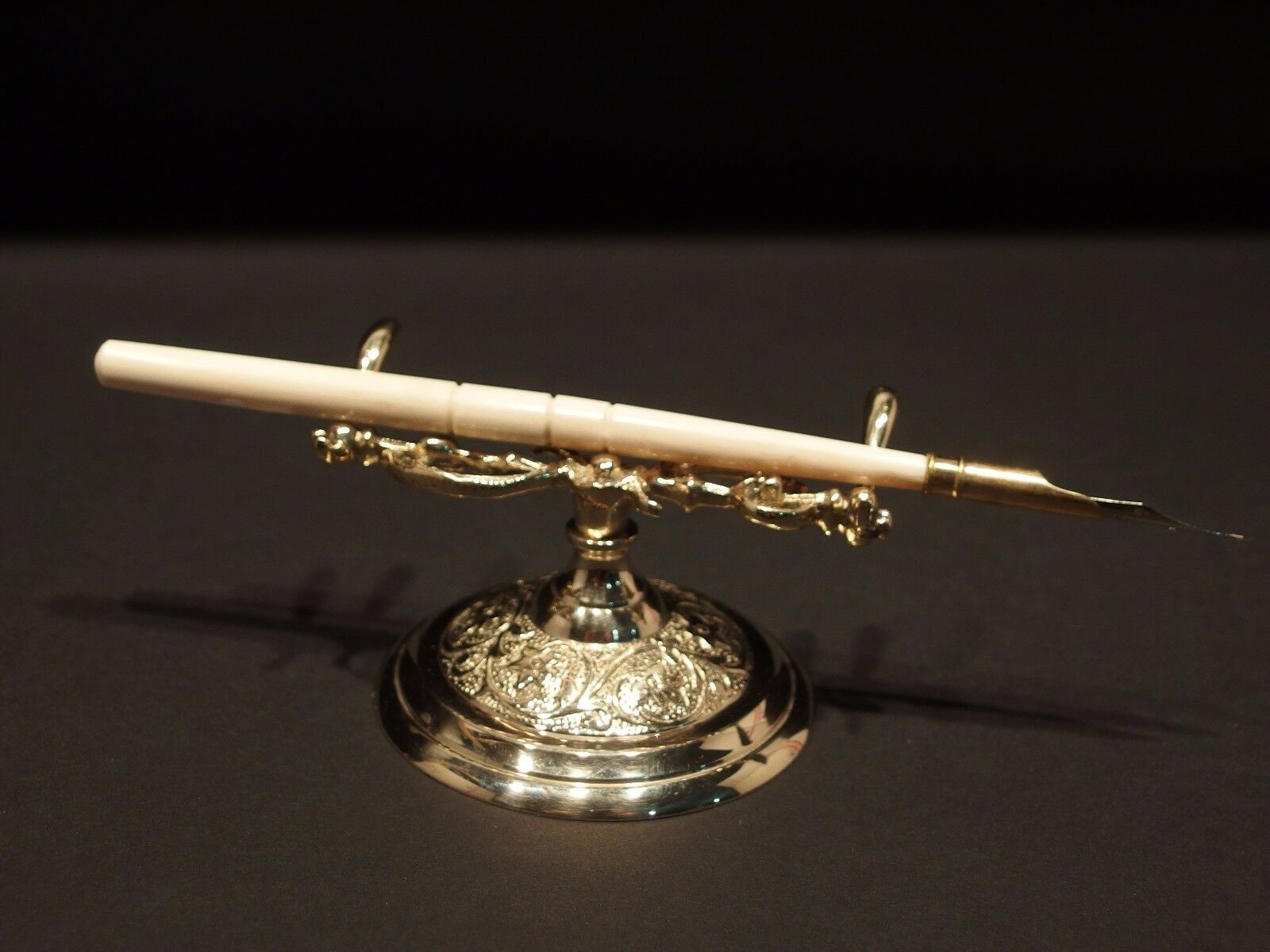 Antique Style Ornate Golden Brass Pen Holder Desk Stand - Early Home Decor