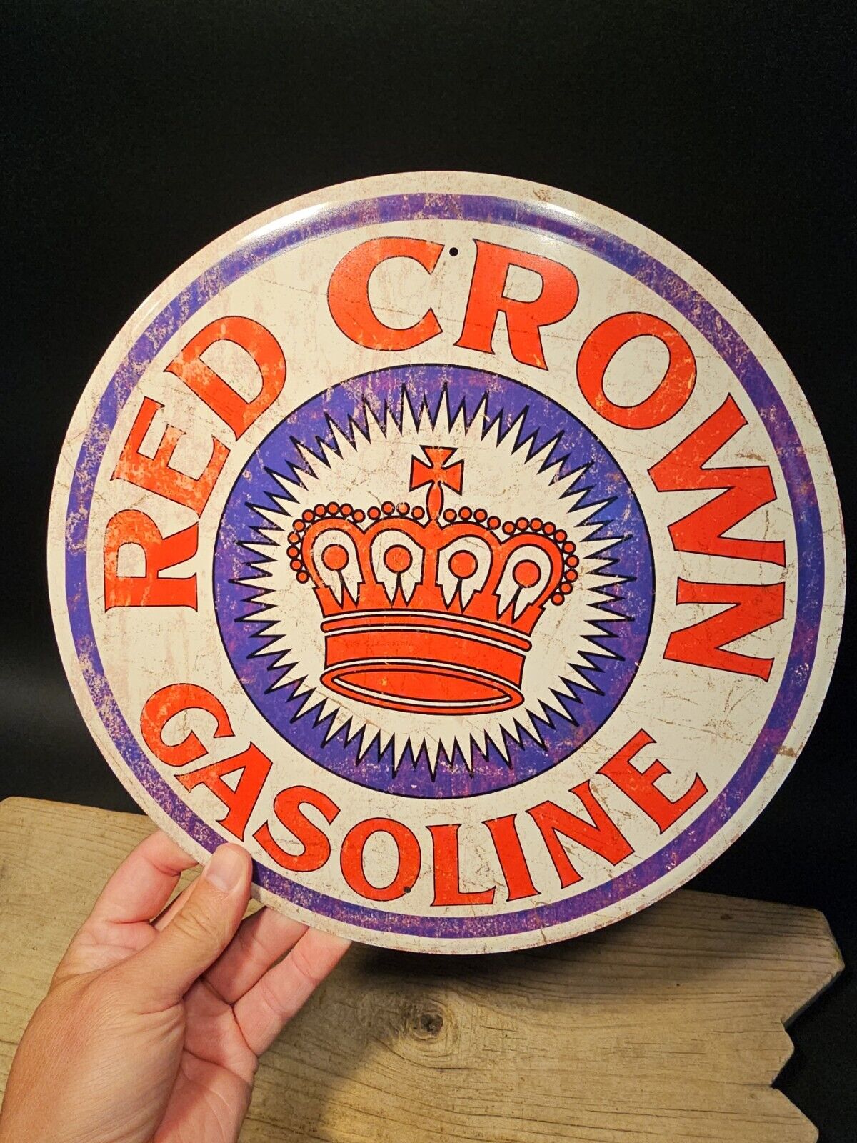 12" Antique Vintage Style Round Metal Gasoline Sign Plaque