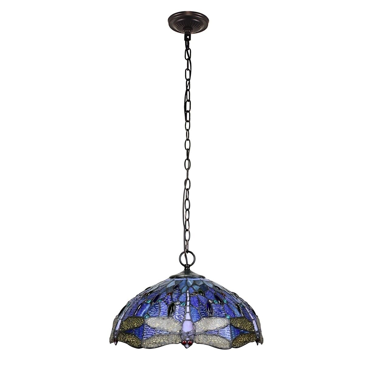 18" Stained Glass Blue Dragonfly Pendant Swag Ceiling Light