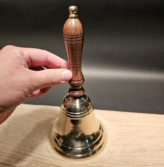 9" Antique Vintage Style Brass Teachers Desk Bell Wood Handle