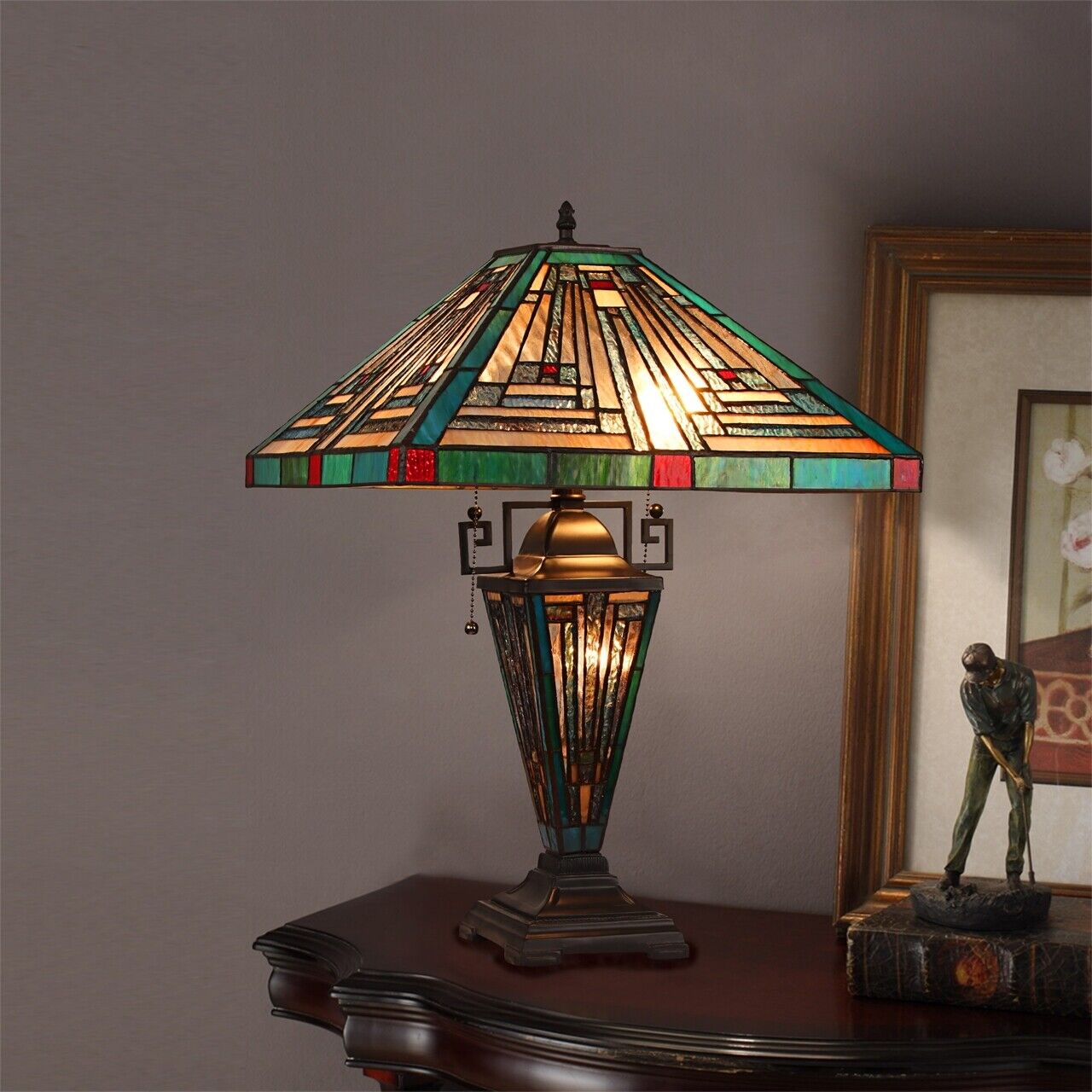 23" 3 light Antique Vintage Style Stained Glass Mission Table Lamp