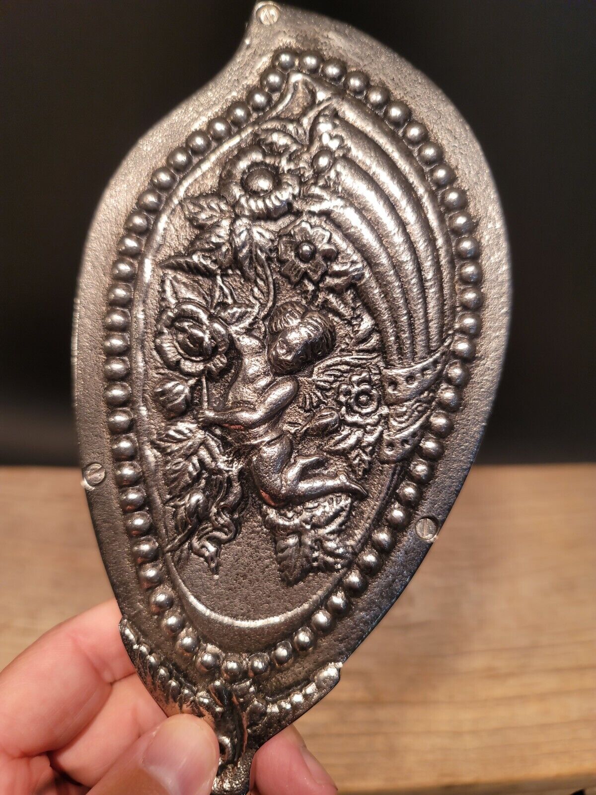 Antique Vintage Style Silver Cherub Floral Hand Mirror