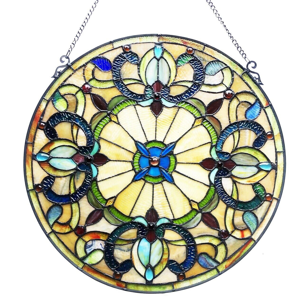 Antique Vintage Style 22" Round Stained Glass Window Hanging Panel Suncatcher