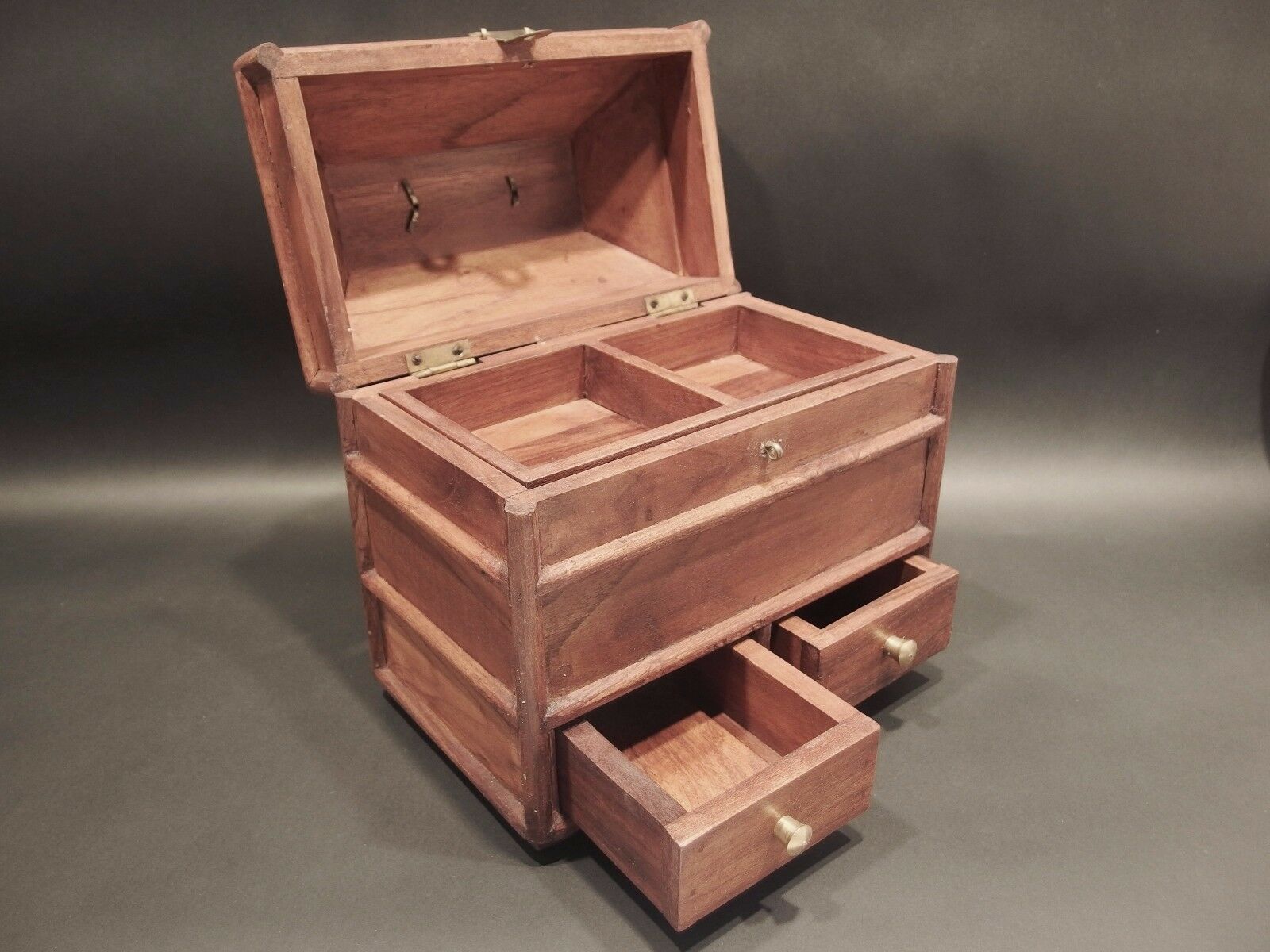 Antique Vintage Style Collectors Campaign Chest Wood Box w Secret Comparments - Early Home Decor