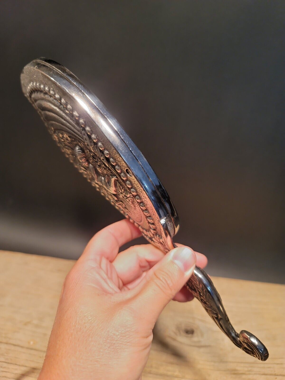 Antique Vintage Style Silver Cherub Floral Hand Mirror