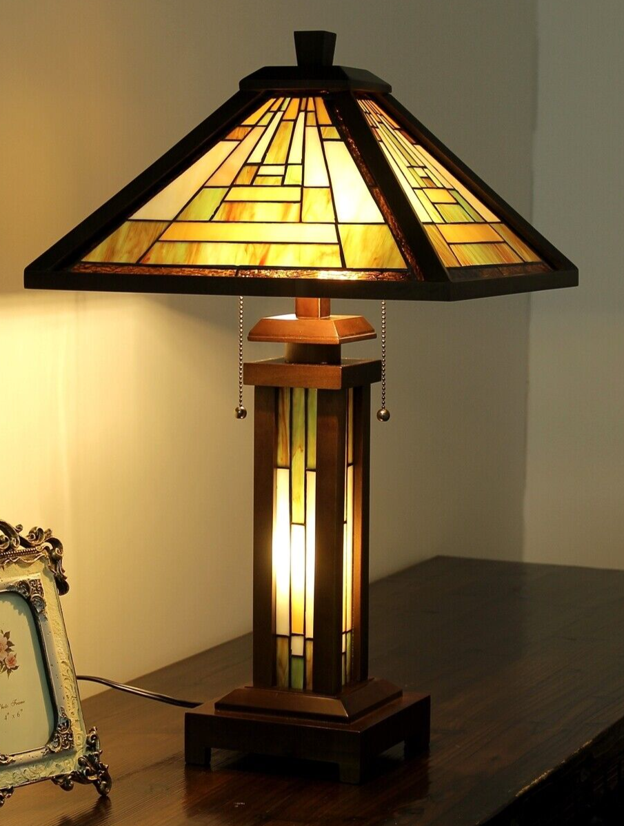 25.6" 3 light Antique Vintage Style Stained Glass Mission Table Lamp