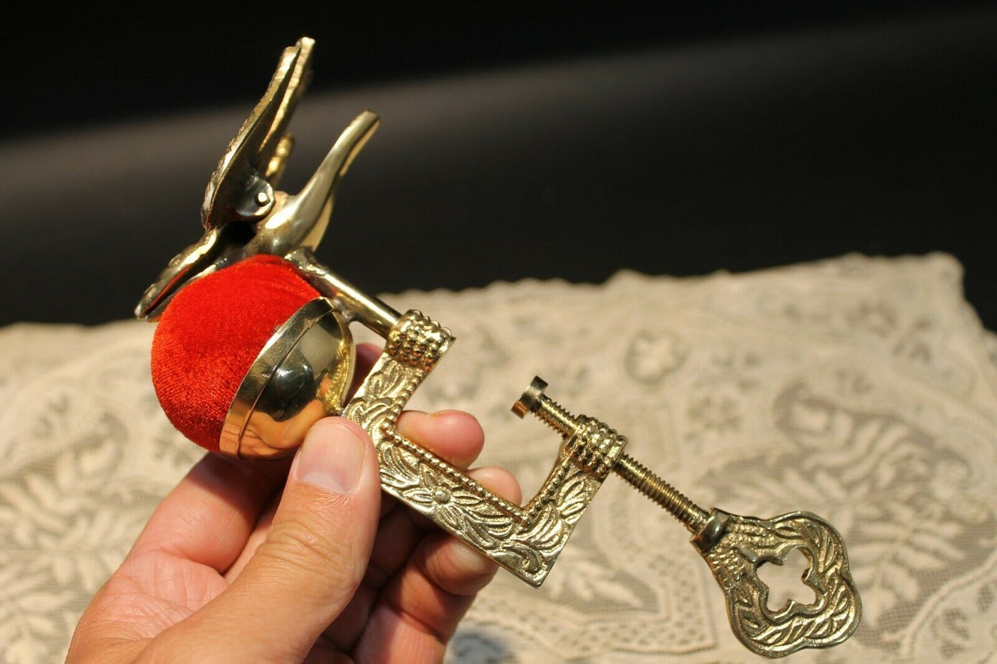 Antique Style Ornate Brass Sewing Clamp Pin Cushion w Bird Clip - Early Home Decor