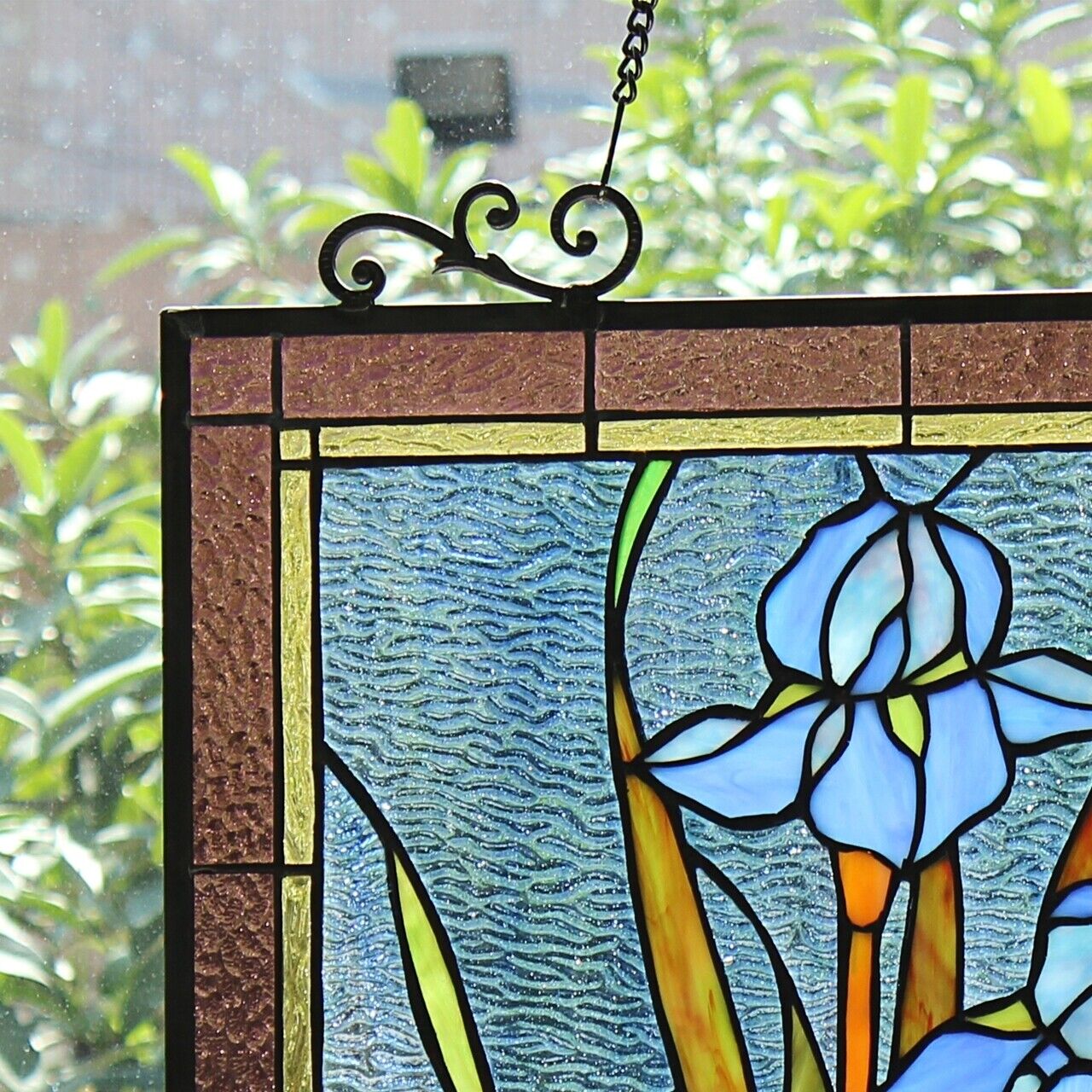 Antique Vintage Style 25" Iris Stained Glass Window Hanging Panel Suncatcher
