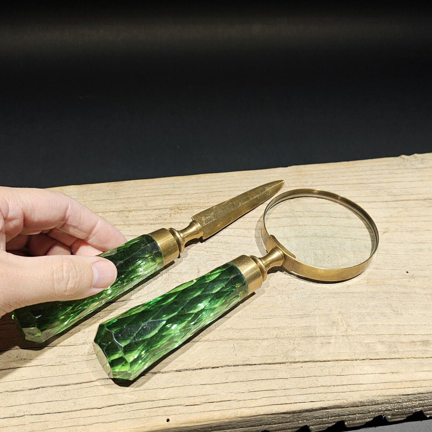 Antique Vintage Style Magnifying Glass Letter Opener Set w Green Glass Handles