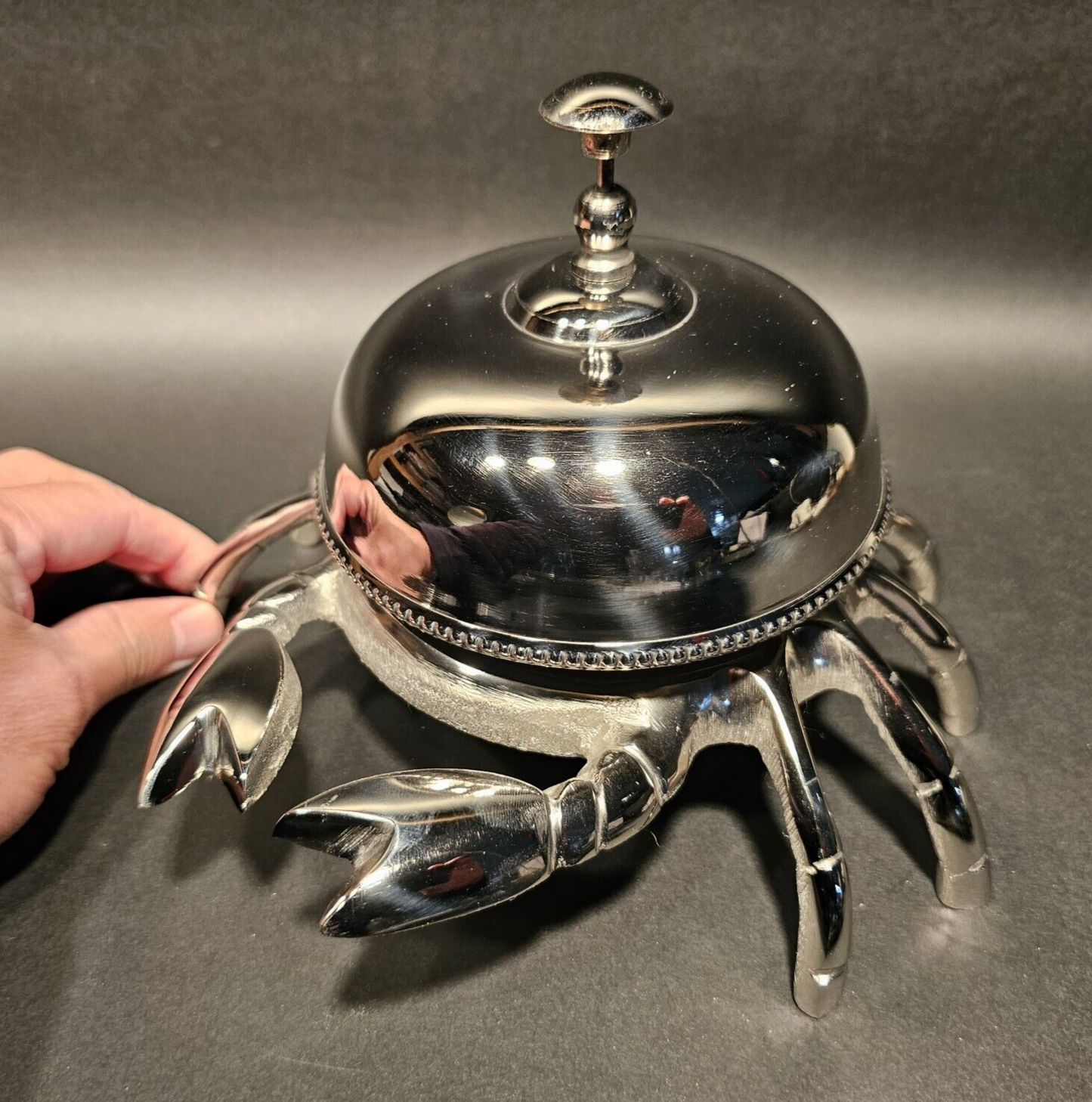 8 1/2" Large Antique Vintage Style Silver Brass Crab Table or Floor Desk Bell