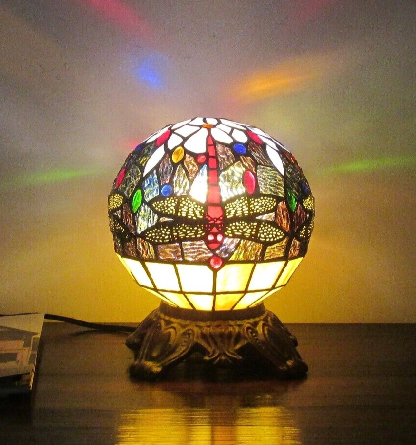 10" Antique Vintage Style Stained Glass Dragonfly Accent Table Lamp