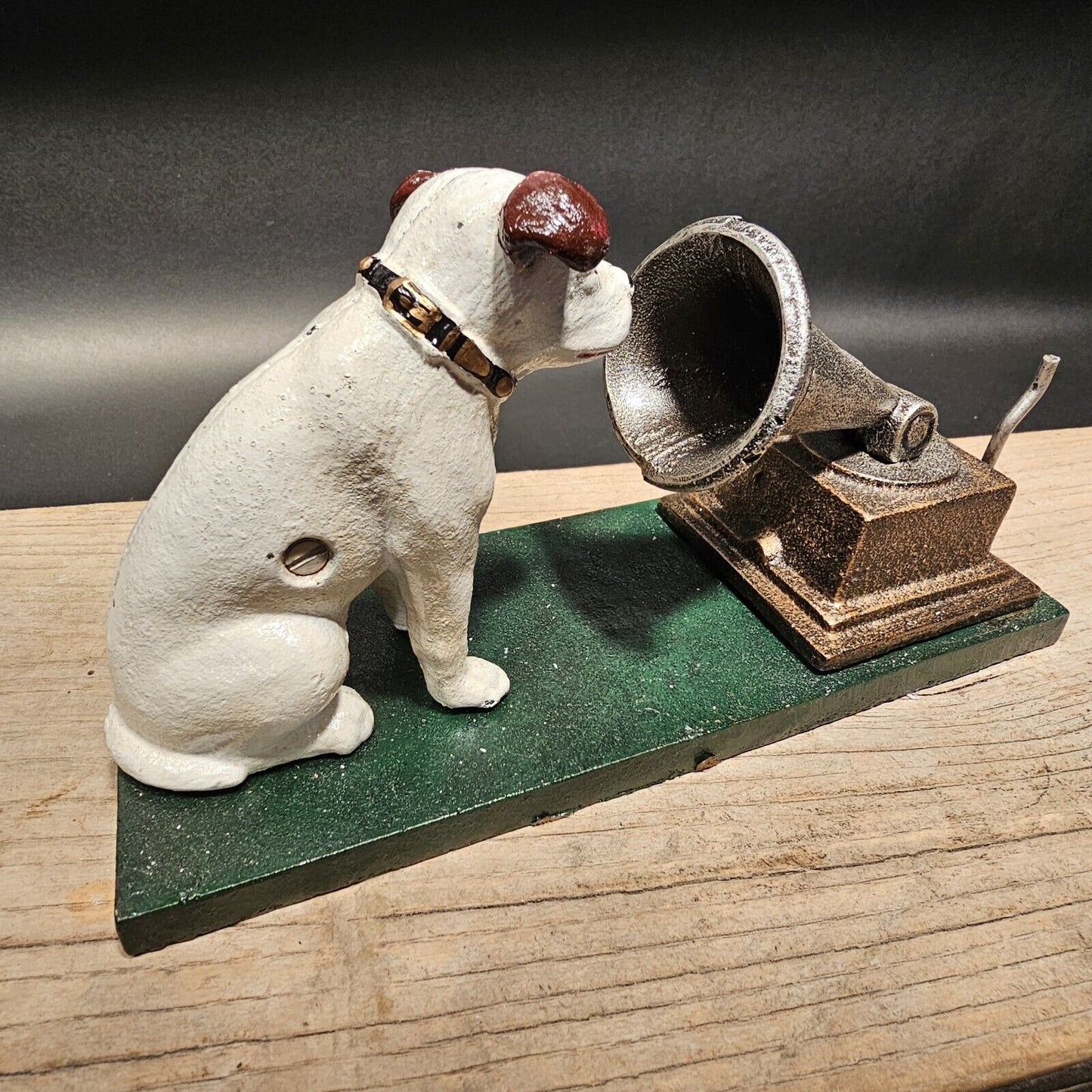 Cast Iron Nipper Dog Figurine on Green Base, Rogers Foundry, Birmingham