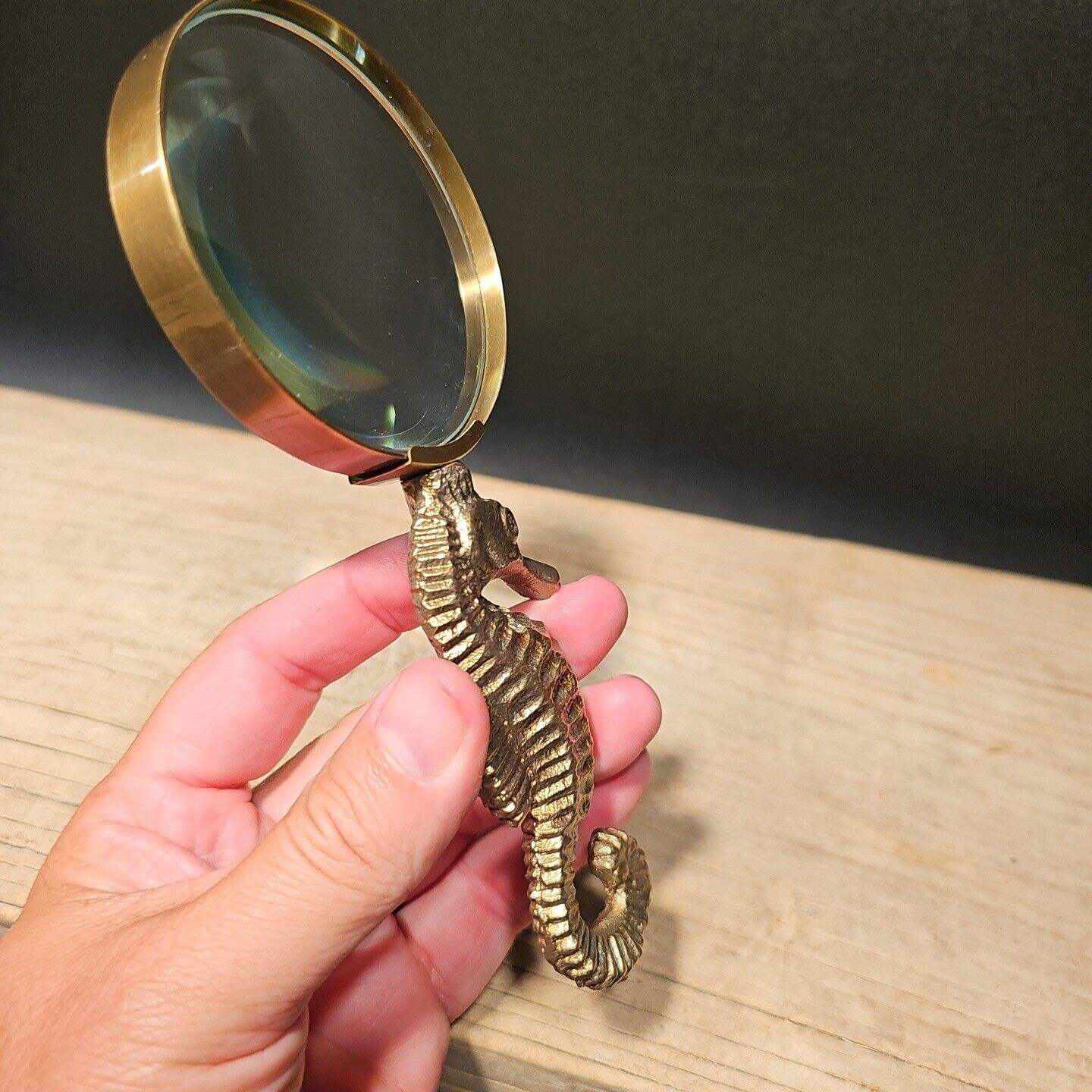 7" Vintage Antique Style Brass Seahorse Magnifying Glass Desk Hand Lens
