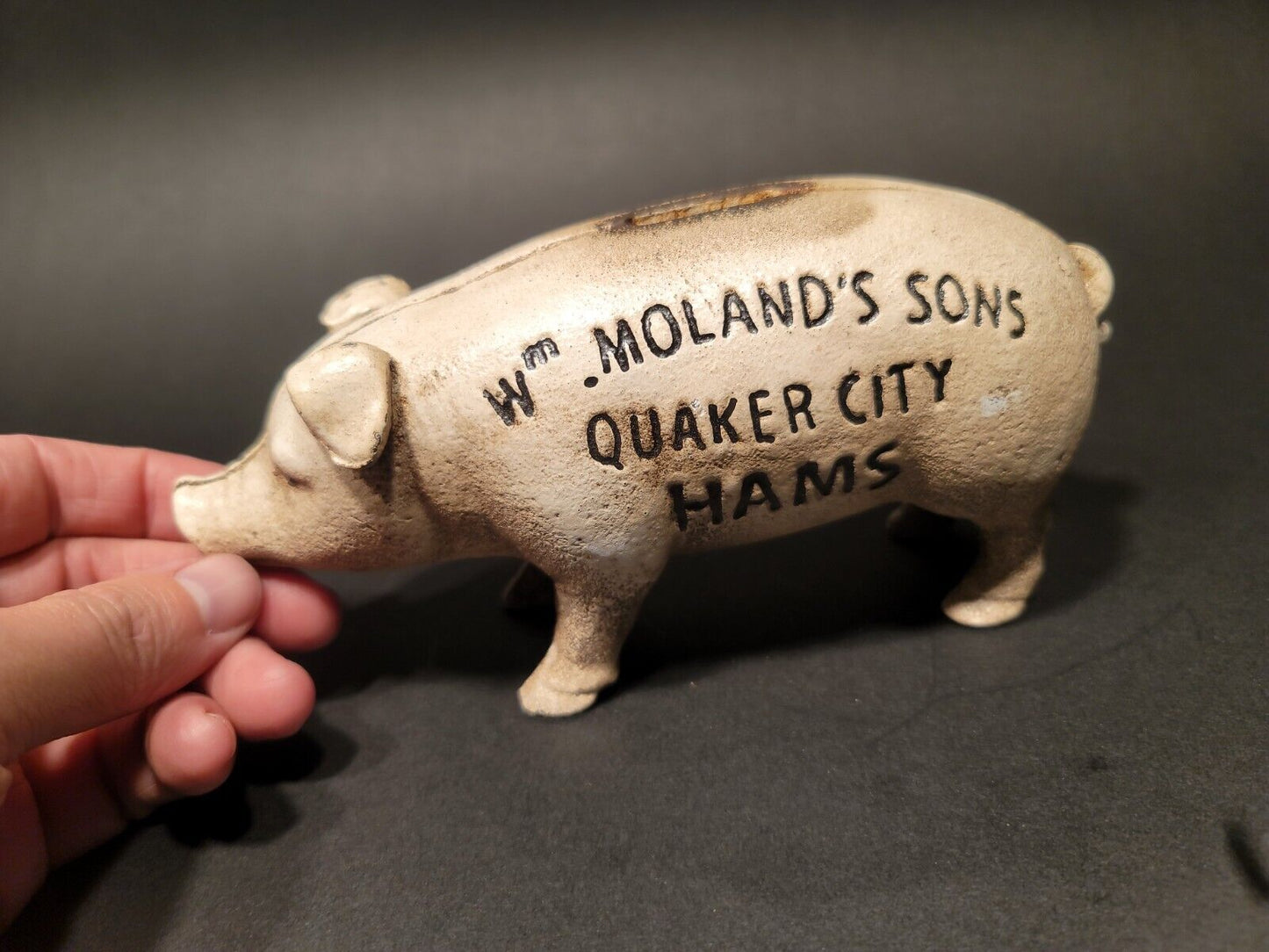 Antique Vintage Style Cast Iron Quaker City Hams Pig Coin Bank
