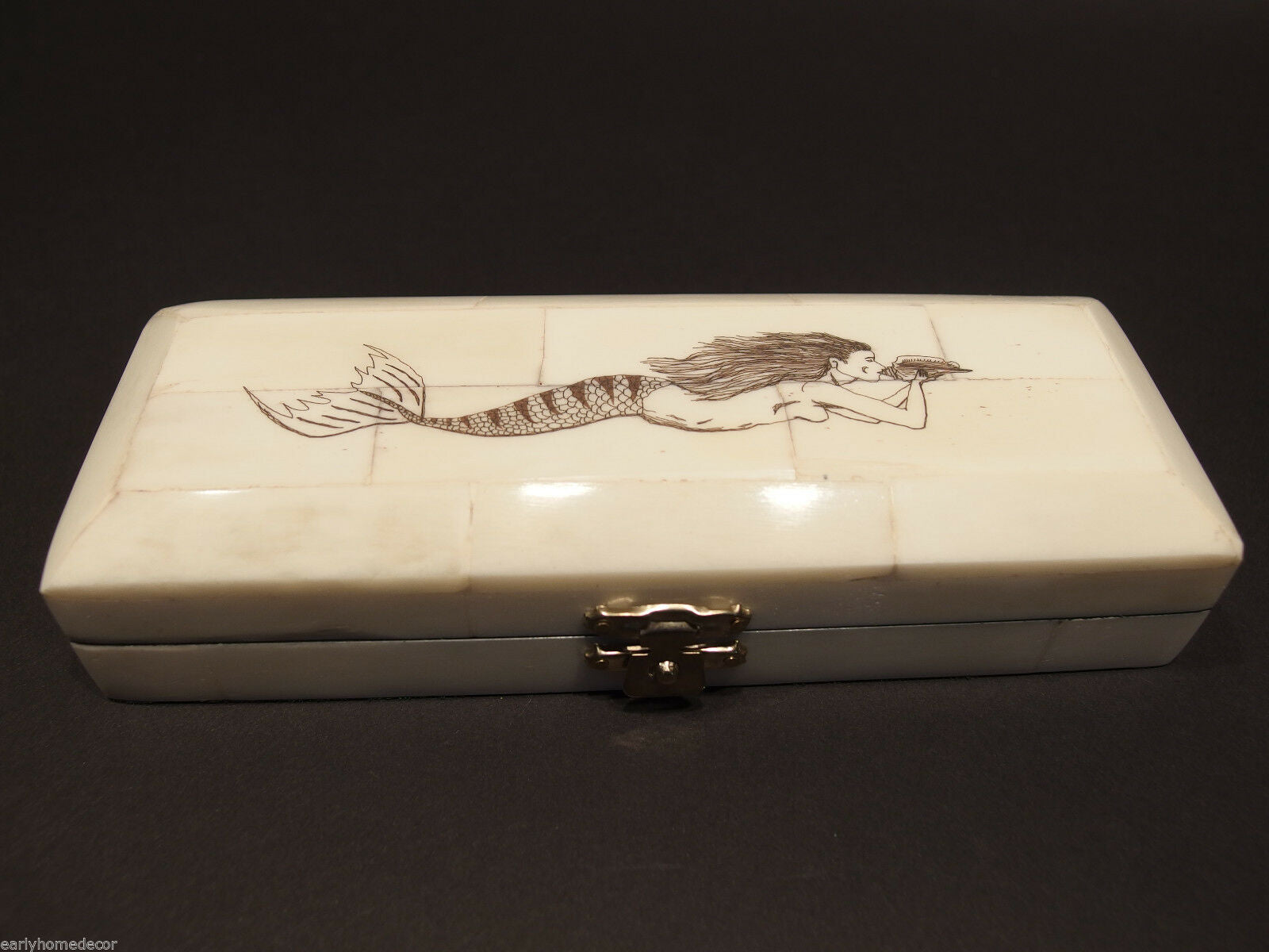Antique Style Mermaid Scrimshaw Etched Bone & Wood Trinket Stamp Jewelry Box - Early Home Decor