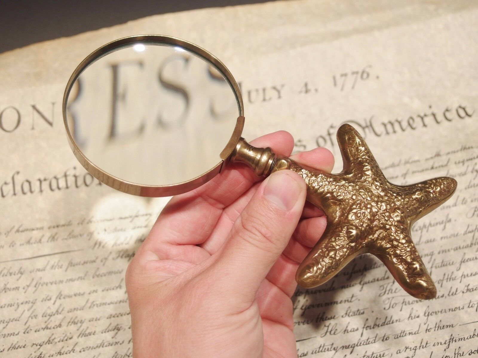 Vintage Antique Style Brass Starfish Magnifying Glass Desk Hand Lens - Early Home Decor
