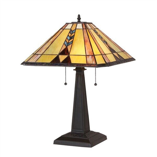 22.5" 2 Light Pull Chain Stained Glass Mission Table Lamp
