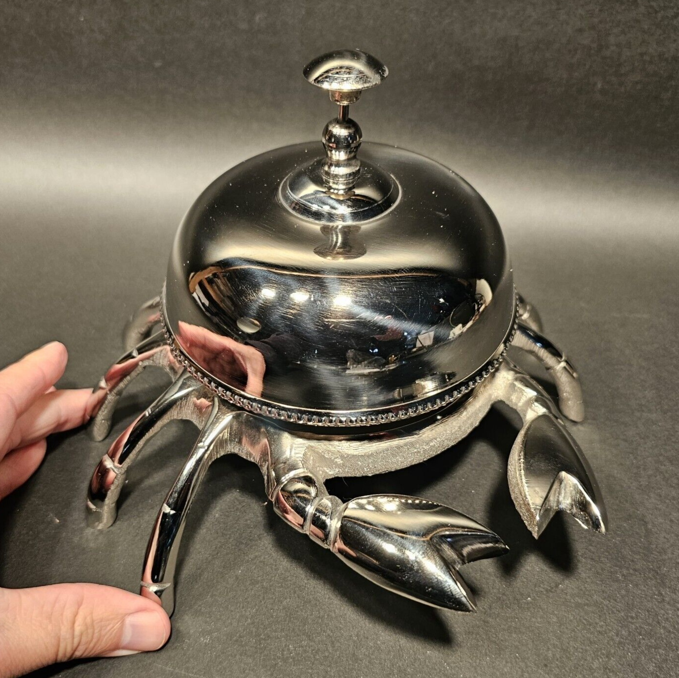 8 1/2" Large Antique Vintage Style Silver Brass Crab Table or Floor Desk Bell