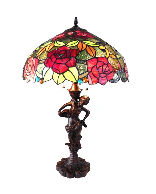27" Antique Style Stained Glass Pull chain Table Lamp Statue Base