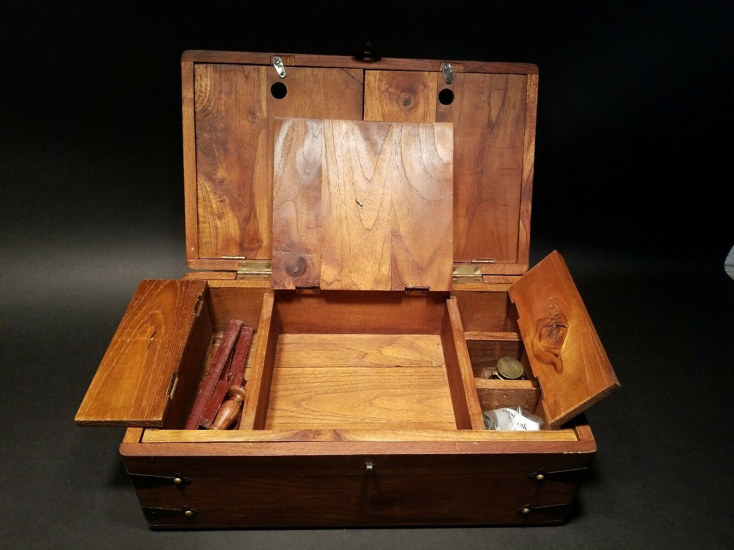 Antique Vintage Style Wood Writing Box Set w Inkwell, Ink, Wax Stamp, & Dip Pen - Early Home Decor