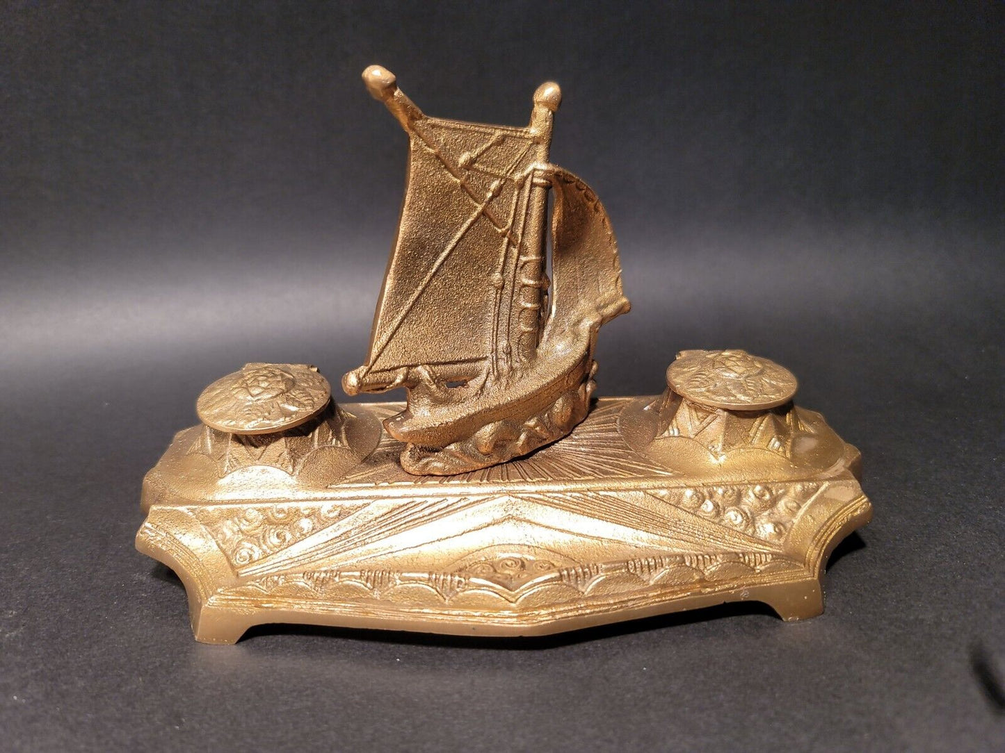 Vintage Antique Style Brass Sailboat Double inkwell Desk Set