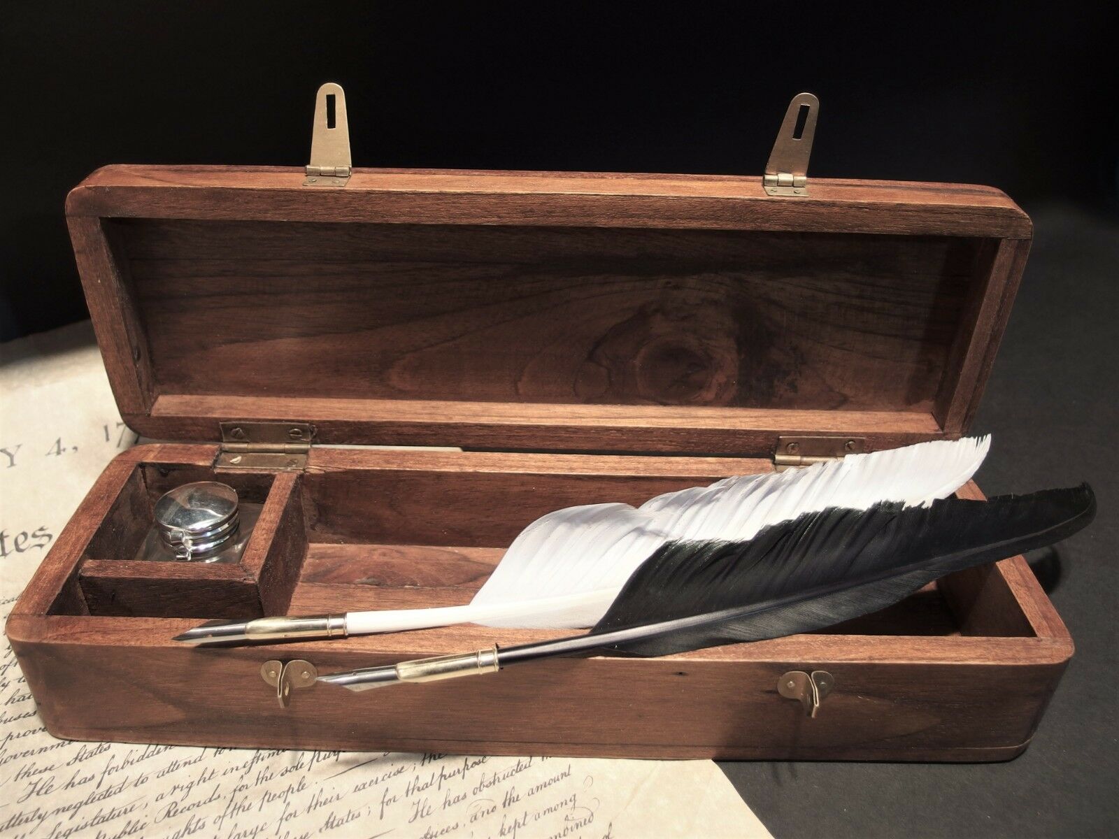 Antique Vintage Style Wood Writing Box Desk Set w Inkwell 2 Feather Dip Pen Ink - Early Home Decor