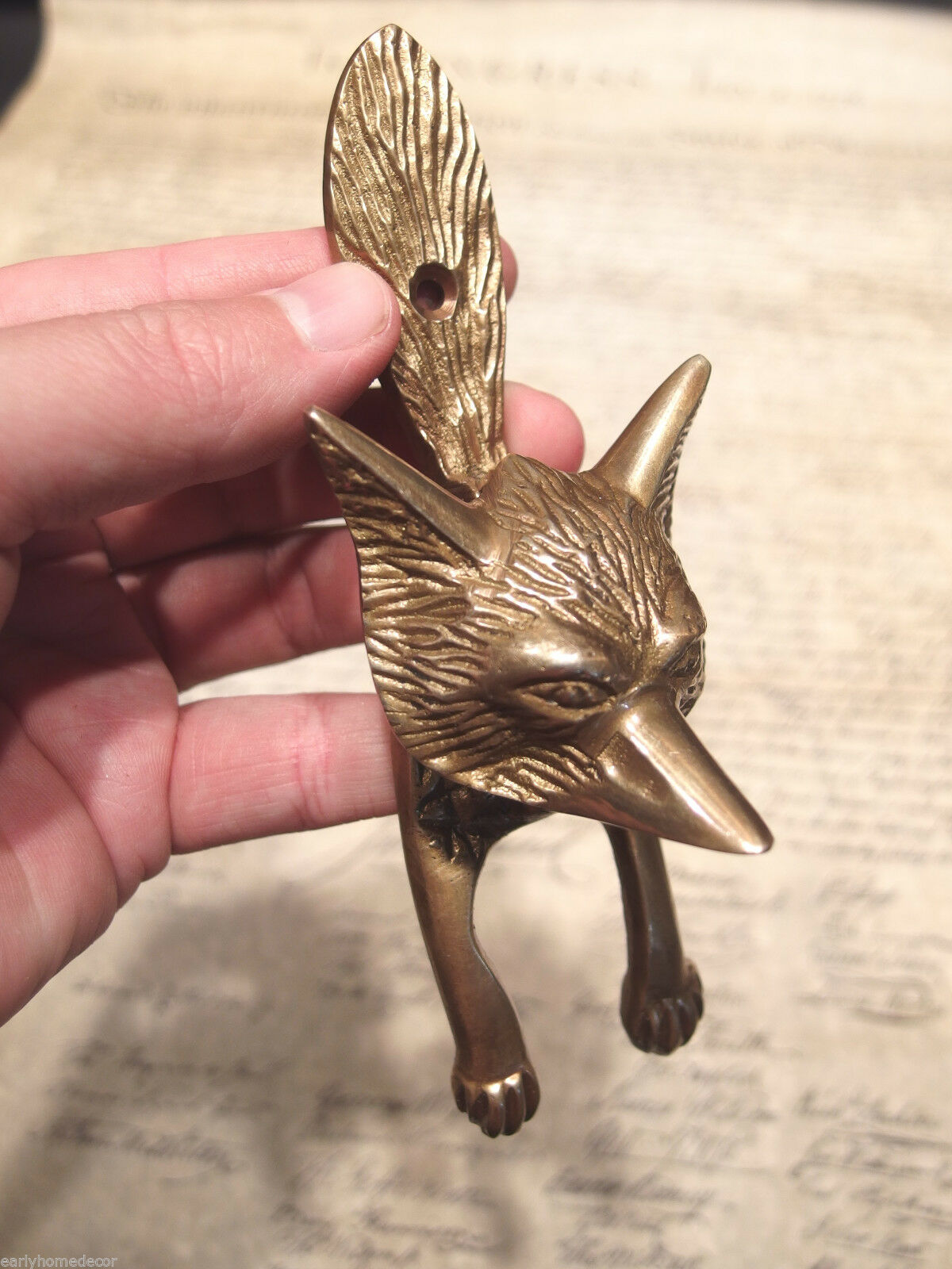 Antique Vintage Style SOLID BRASS FOX Head DOOR KNOCKER Hardware - Early Home Decor